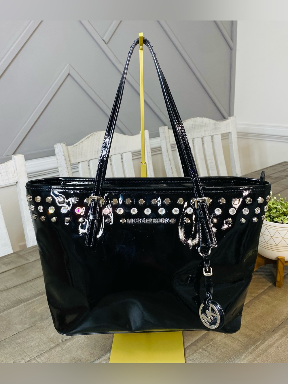 Michael Kors Black Patent Leather Studded Crystal Tote Bag Handbag Purse Charm